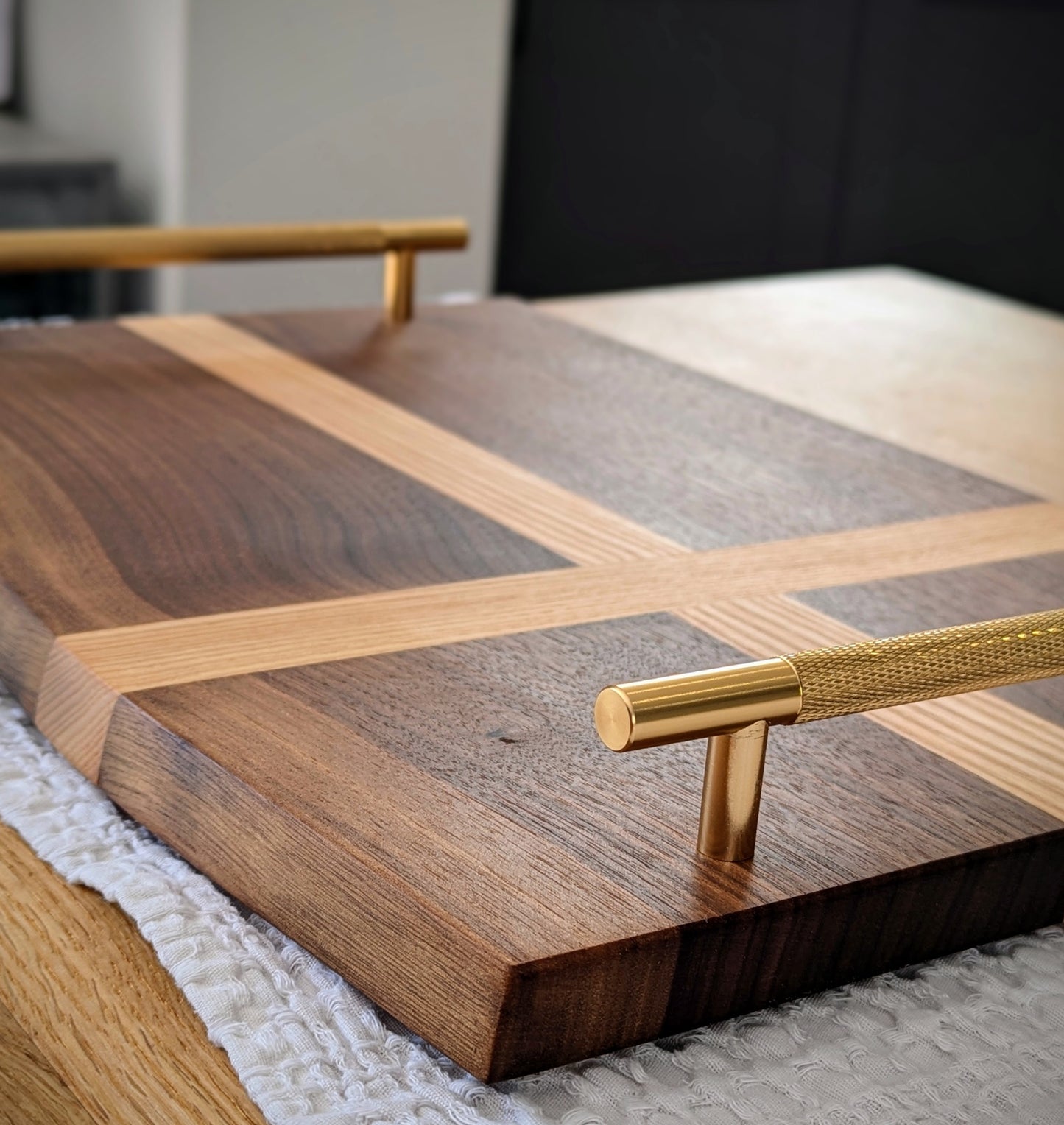 Large Walnut & Ash Cross Serving Tray with Handles