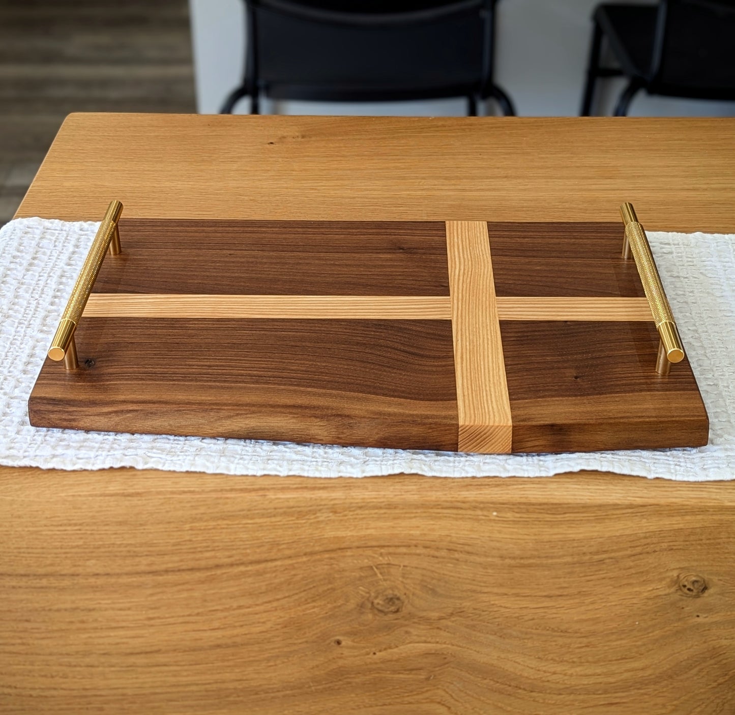 Large Walnut & Ash Cross Serving Tray with Handles