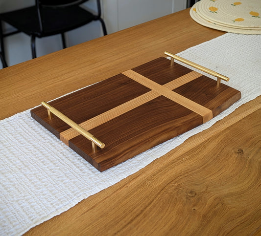 Large Walnut & Ash Cross Serving Tray with Handles