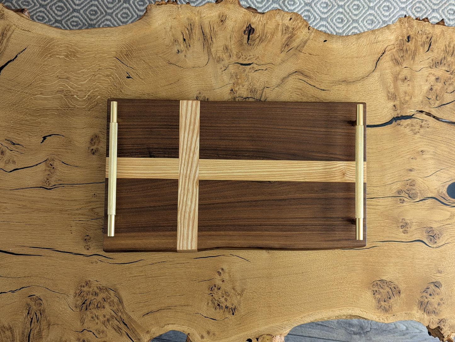 Large Walnut & Ash Cross Serving Tray with Handles