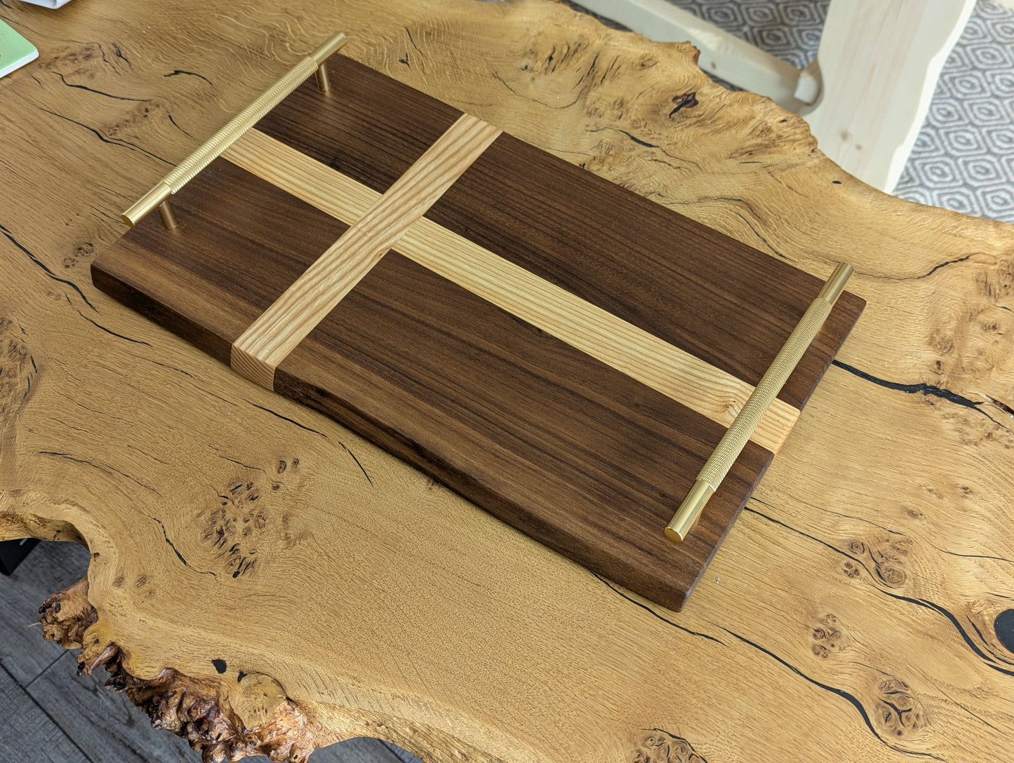 Large Walnut & Ash Cross Serving Tray with Handles