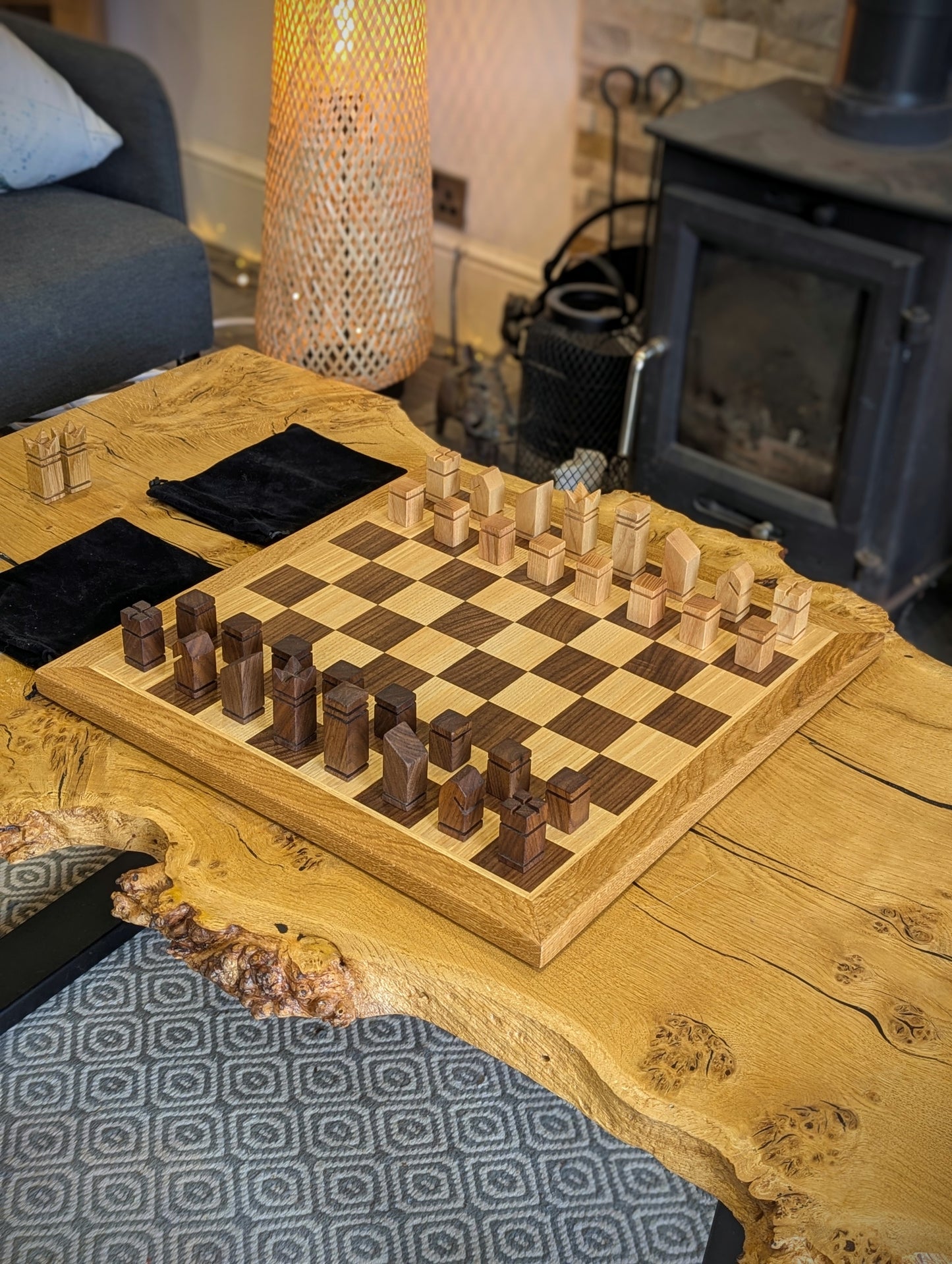 Large Chess set Ash-Walnut-Oak & Pieces